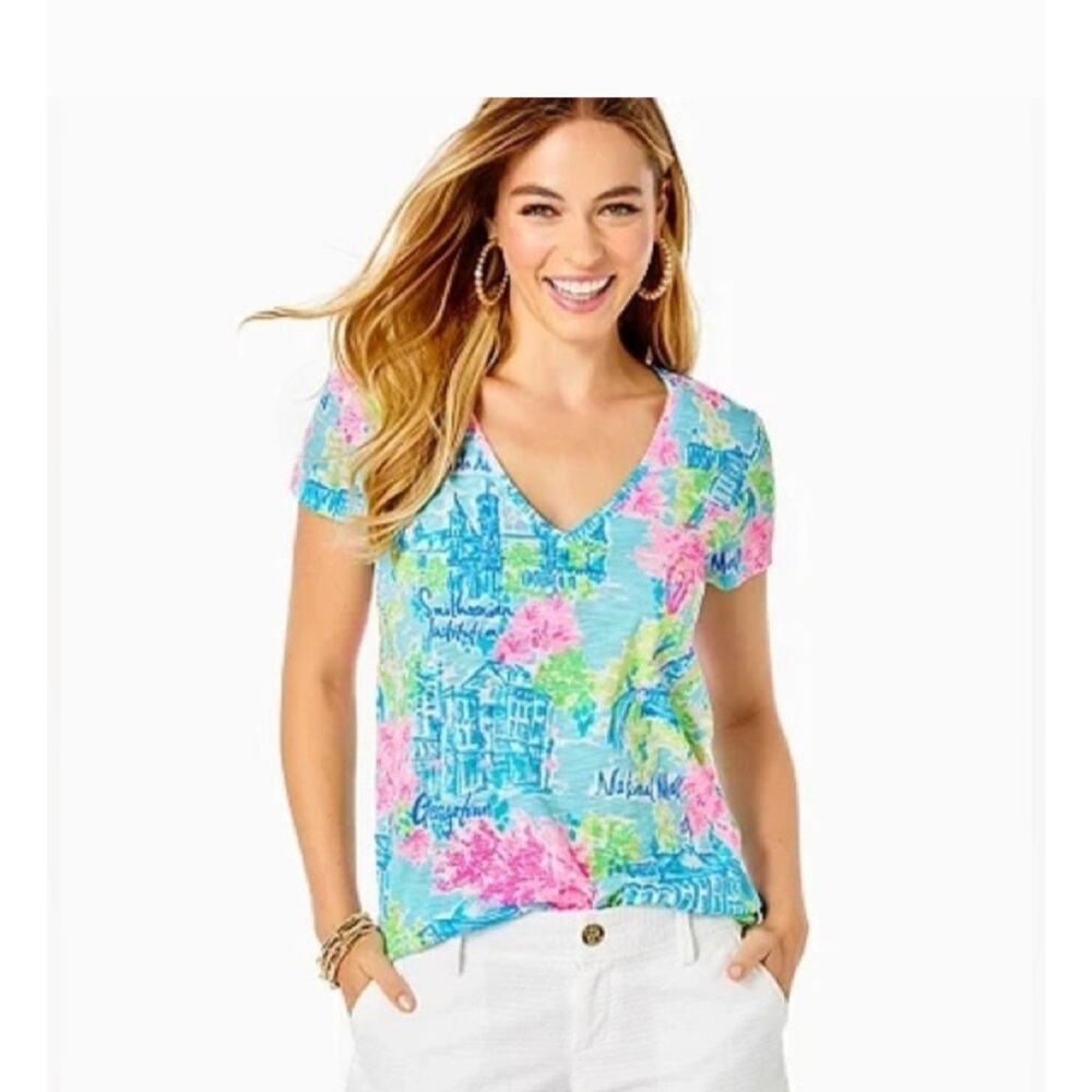 Lilly Pulitzer Loves Washington DC Pink Blue Cotton Etta Short Sleeve Top XXS